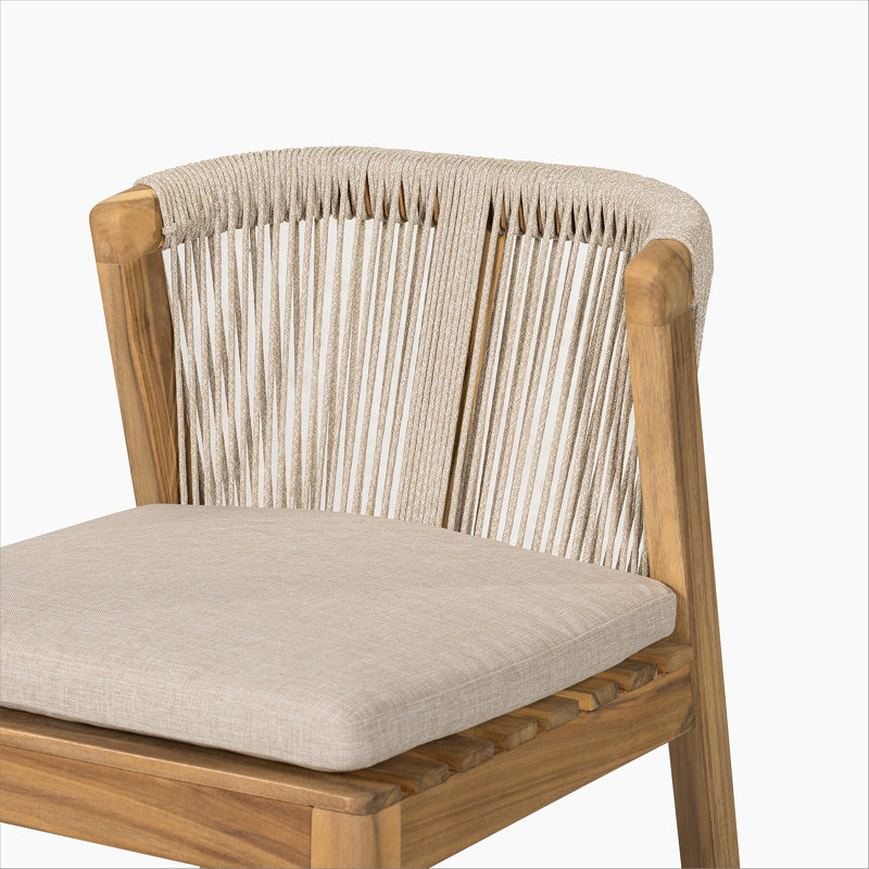 Ensemble de 2 tabourets de bar en bois de teck avec coussin beige Louie