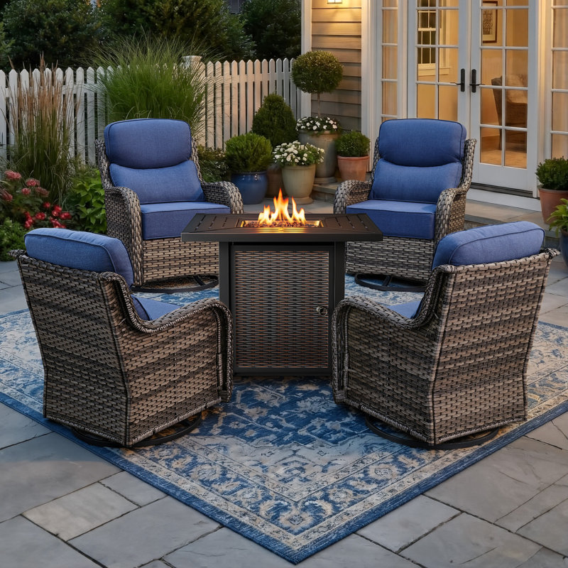 4 - Person Patio Furniture Chair Set With Fire Pit Table, 4 Swivel Glider Chairs With 6-Inch Cushions, Gray, Blue