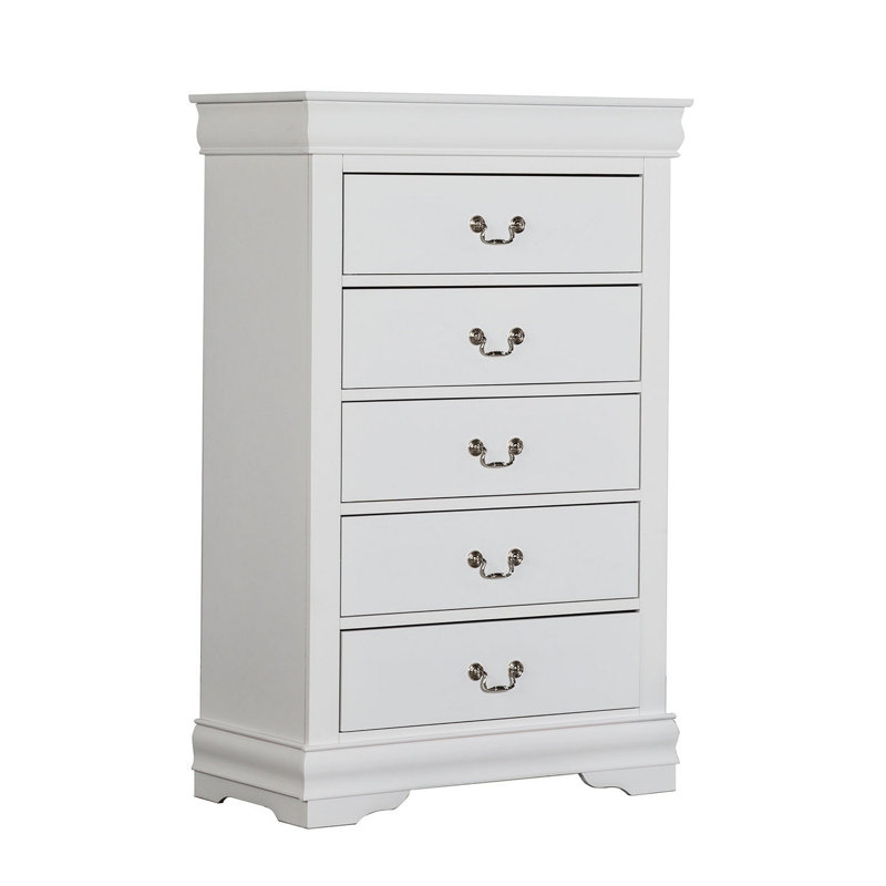 Ryla Tall Dresser Chest, 5 Drawers, Nickel Metal Handles, Solid Wood, White 1