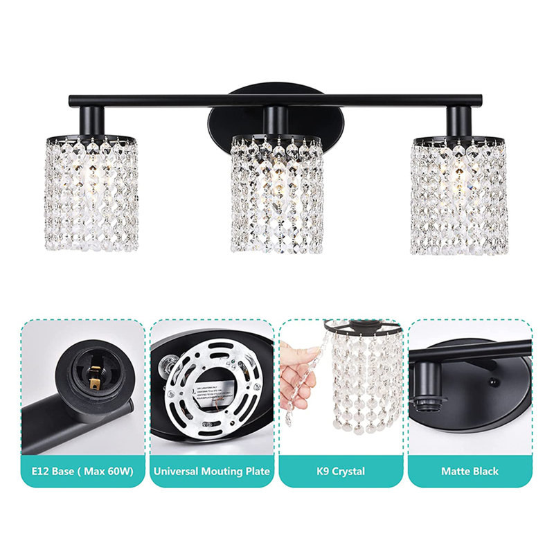 Ayushma Crystal Cylinder Dimmable Bathroom Vanity Lights, Matte Black, 3
