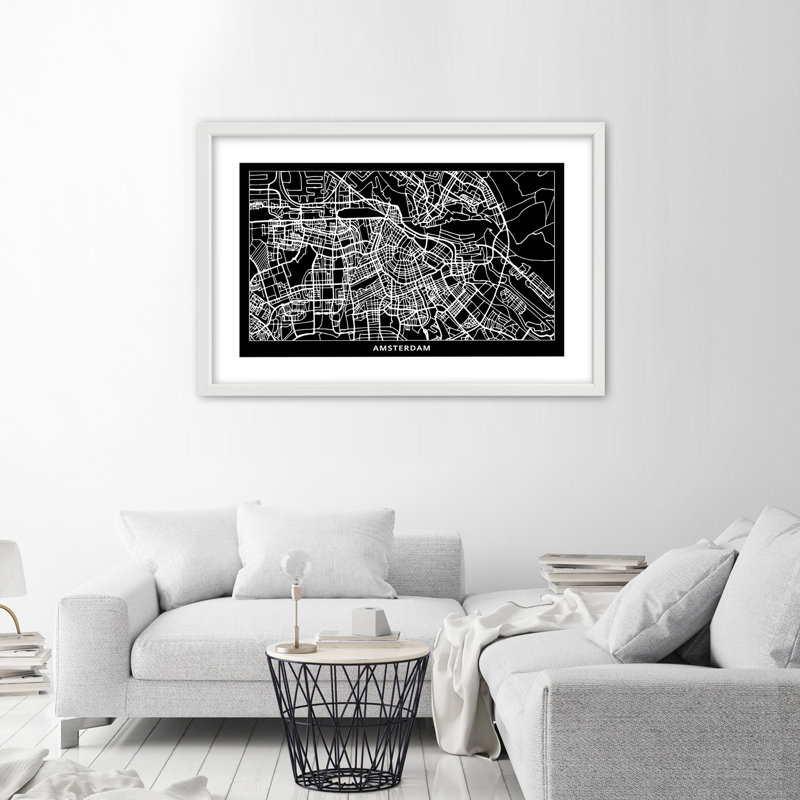 Amsterdam City Map - Single Picture Frame Print, White, 60cm H x 90cm W