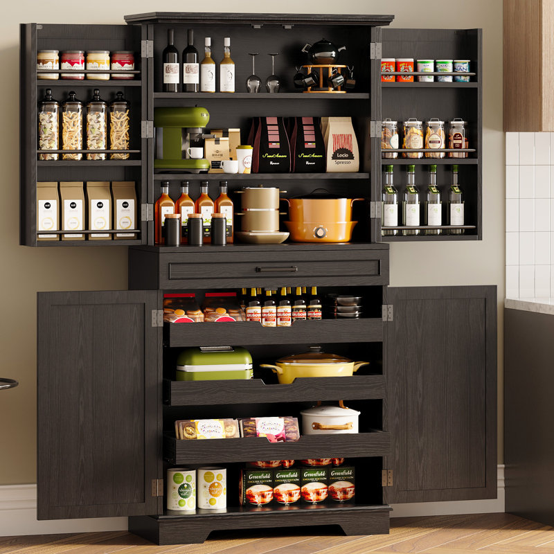 Armoire de cuisine 72 "avec support coulissant et 6 tablettes suspendues, Noir mat