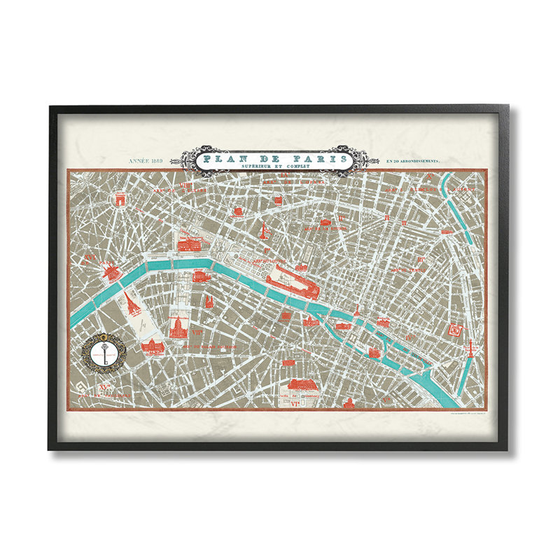 Carte de Paris rétro de la ville française par Sue Schlabach, reproduction d'art graphique, Giclée encadrée noir minuit