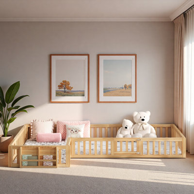 L-Shaped Floor Kids Bed with All-Round Guardrails, Built-in Bookcase and Lockable Safety Gate