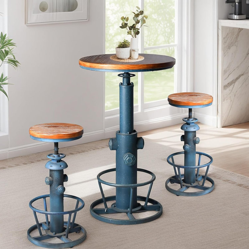Jermeshia 2 - Person Pine Pedestal Dining Set, Blue/Brown, Blue