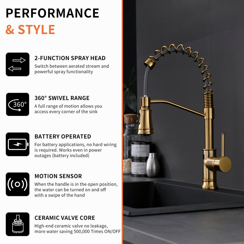 Robinet de cuisine sans contact, robinet de cuisine intelligent automatique mains libres, Brushed Gold