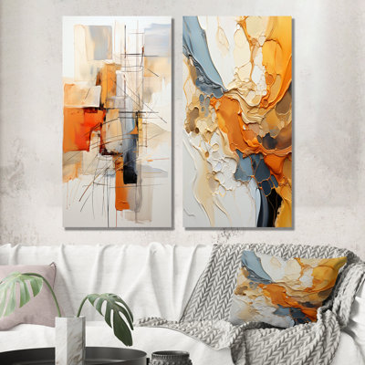" Orange Grey Line Art Abstract Expressionism " 2 - Pieces