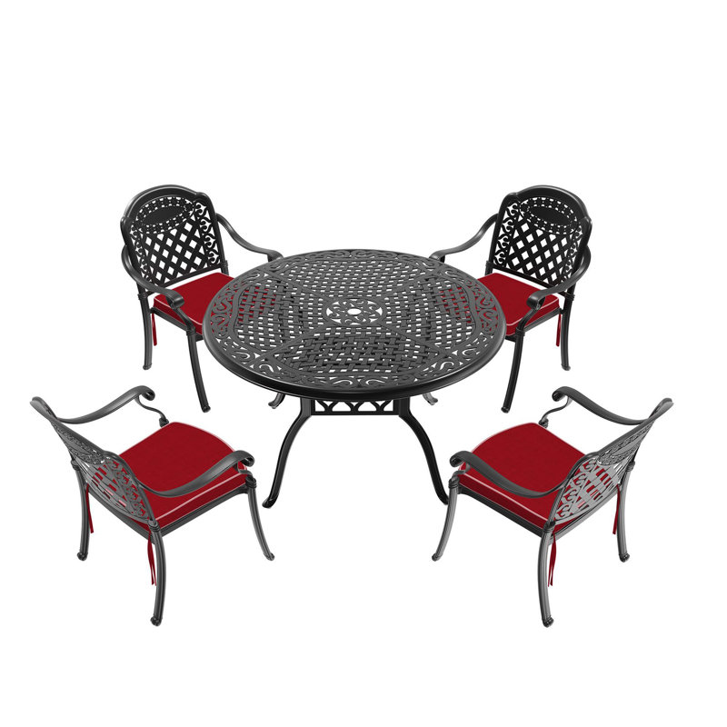 5-Piece Cast Aluminum Patio Furniture Set With Black Frame And Red Seat Cushions, 4