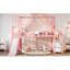 Lit mezzanine simple avec glissade et escalier, lit de jeu en métal avec tablettes de rangement, toit en forme de maison et conception silencieuse, rose-129865069