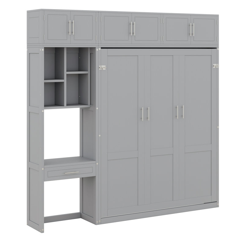 Lit escamotable avec bureau intégré, armoire supérieure et tablettes, conception pliable, Gris