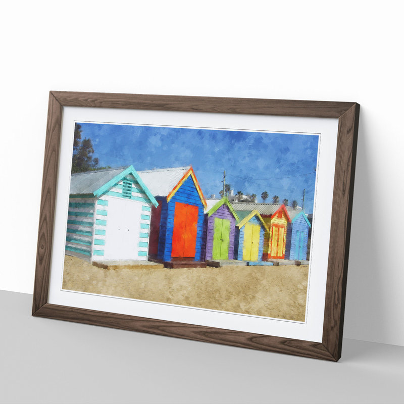 Colourful Beach Huts - Picture Frame Graphic Art, 27cm H x 36cm W x 2cm D, Walnut Framed