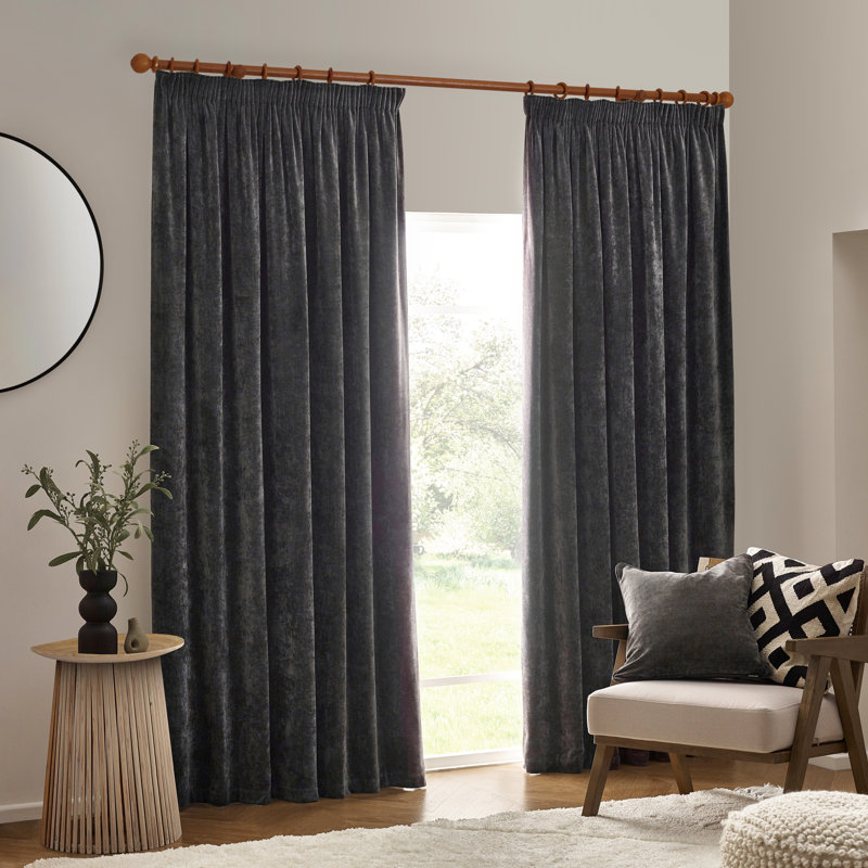 Heavy Chenille Room Darkening Pencil Pleat Curtains, 117 W x 137 D cm, Charcoal