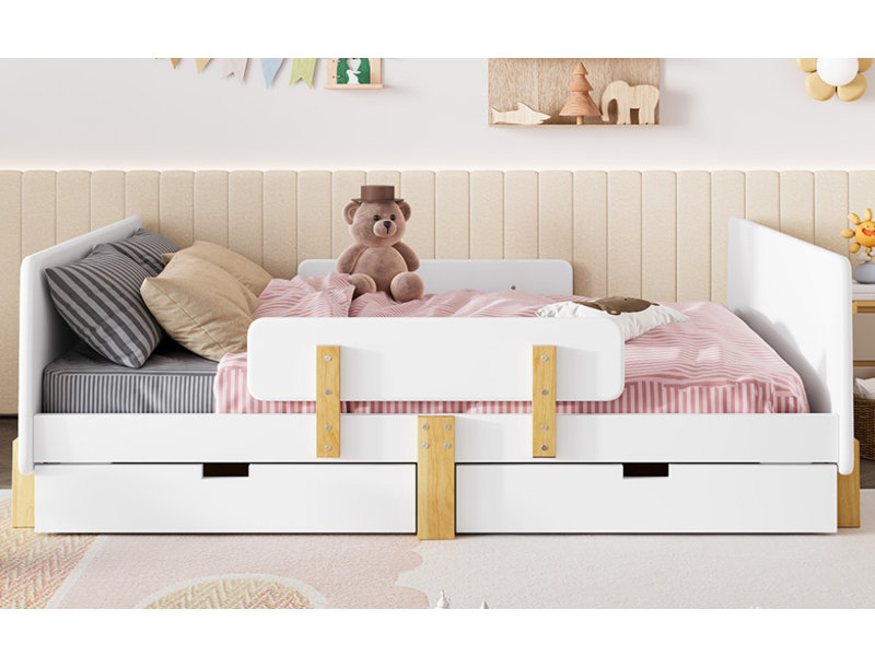 Lit plateforme double avec tiroirs de rangement, structure de lit en bois massif avec garde-corps, petite tablette et crochets, aucun sommier nécessaire, blanc