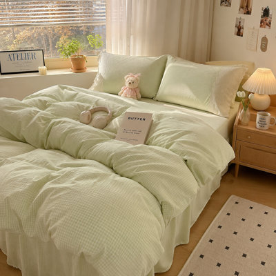 3 Pieces Washed Microfiber Plaid Lace Trim Duvet cover Set