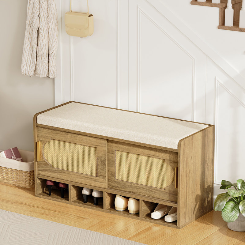Shoe Storage Bench With Removable Cushion, Shoe Bench with Sliding Door, Entryway Bench with Hidden Shoe Storage
