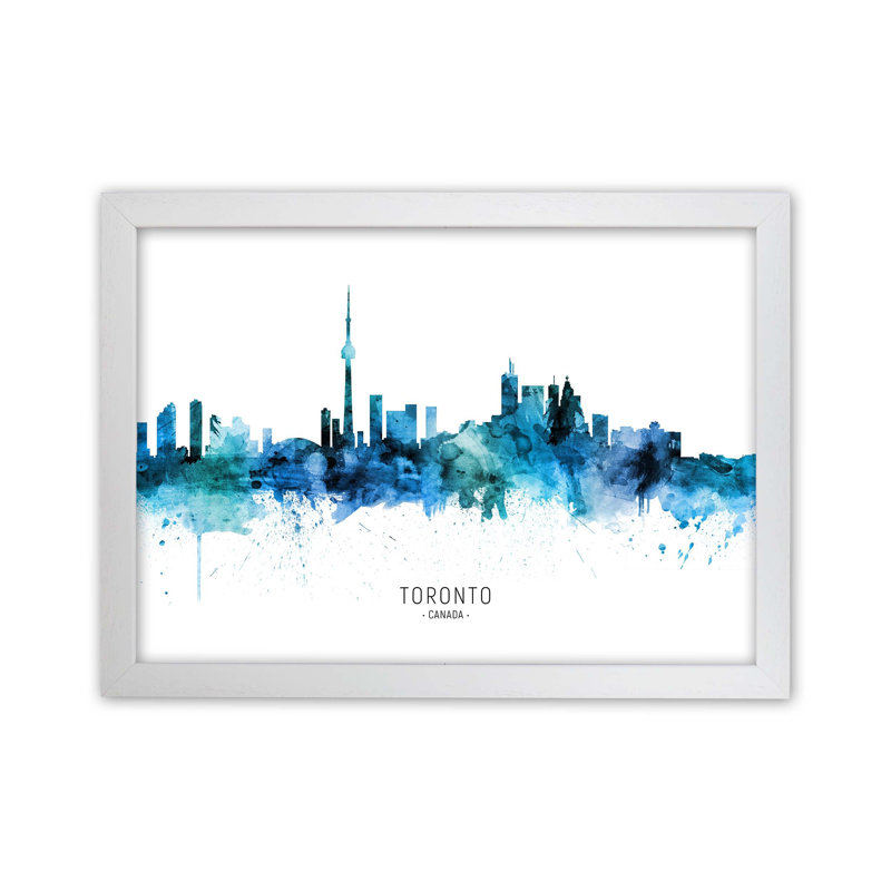 Toronto Canada Skyline Blue City Name by Michael Tompsett - Print, 64cm H x 88cm W x 3cm D, White Framed