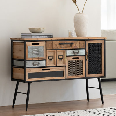 Industrial Modern Console Cabinet, Multi-Drawer Storage Sideboard with Metal Legs, Natural Wood and Black
