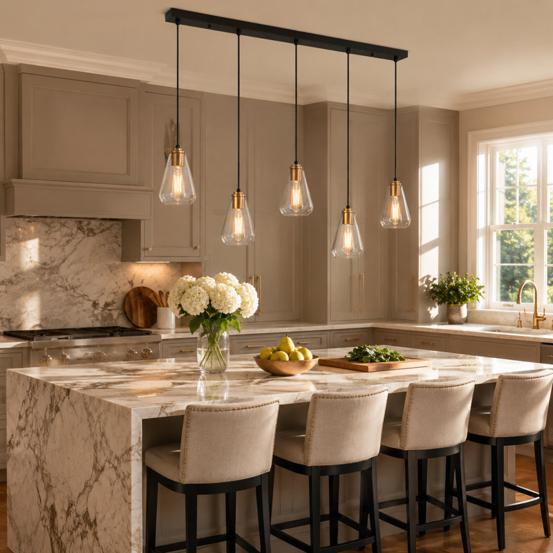5-Light Dimmable Linear Kitchen Island Pendant With Teardrop Glass Shade