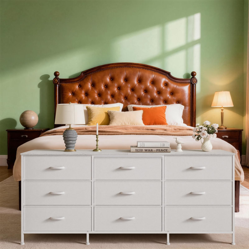 63" TV Stand Dresser with 9 Fabric Drawers for TVs up to 70", Entertainment Center with Storage Organizer, White