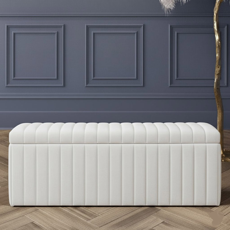 Lux Striped Wide Velvet Rectangle Solid Color Standard Ottoman Box with Storage, 40 cm H x 90 cm W x 42 cm D, White