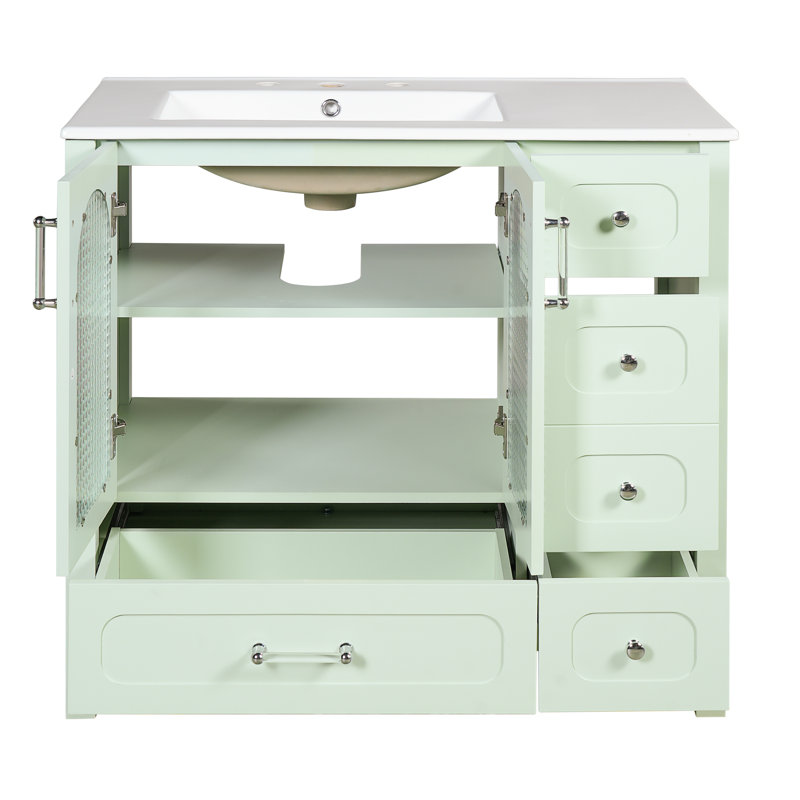 36 armoires de rangement pour salle de bain avec texture gaufrée, quatre tiroirs, deux portes en verre, double espace, couleur turquoise fraîche, poignées modernes, conception de rails coulissants lisses, rangement, revêtement, calme et doux
