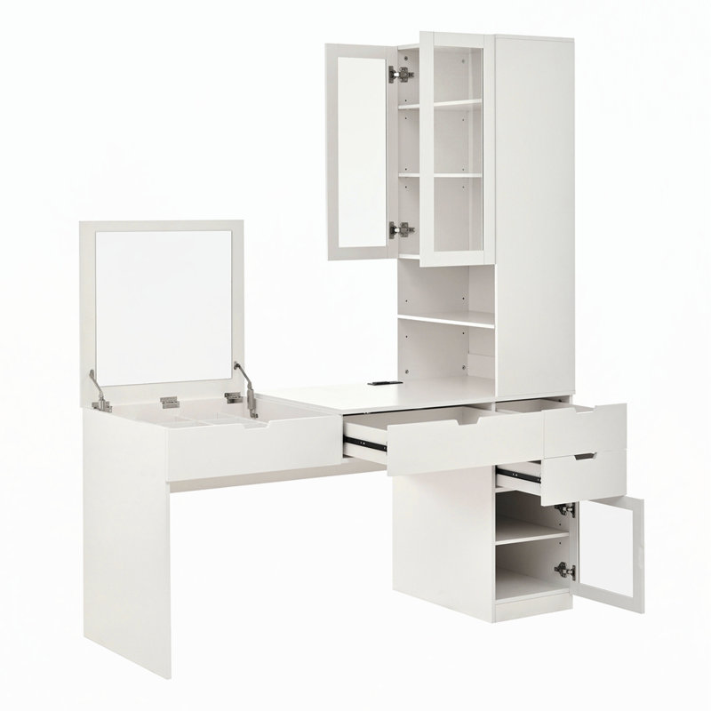 Versatile Makeup Vanity Desk with Mirror, Charging Station, and Hidden Compartments for Home Office Use, White