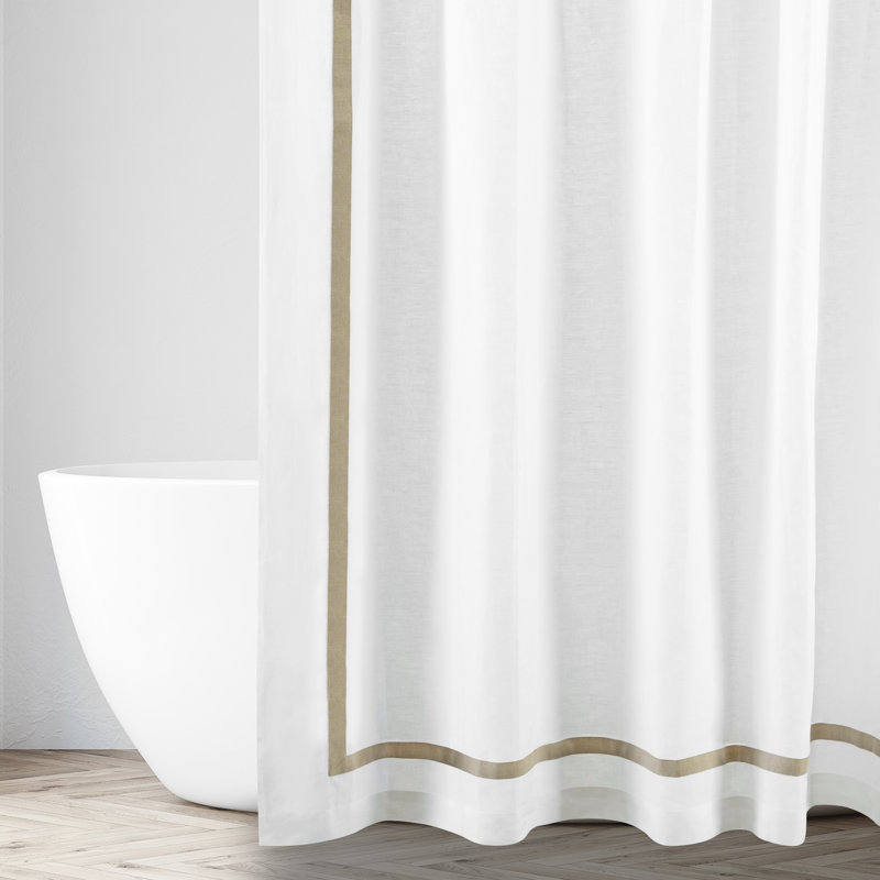 Fino Linen Solid Color Single Shower Curtain, White/Wafer Taupe, 84'' H x 72'' L