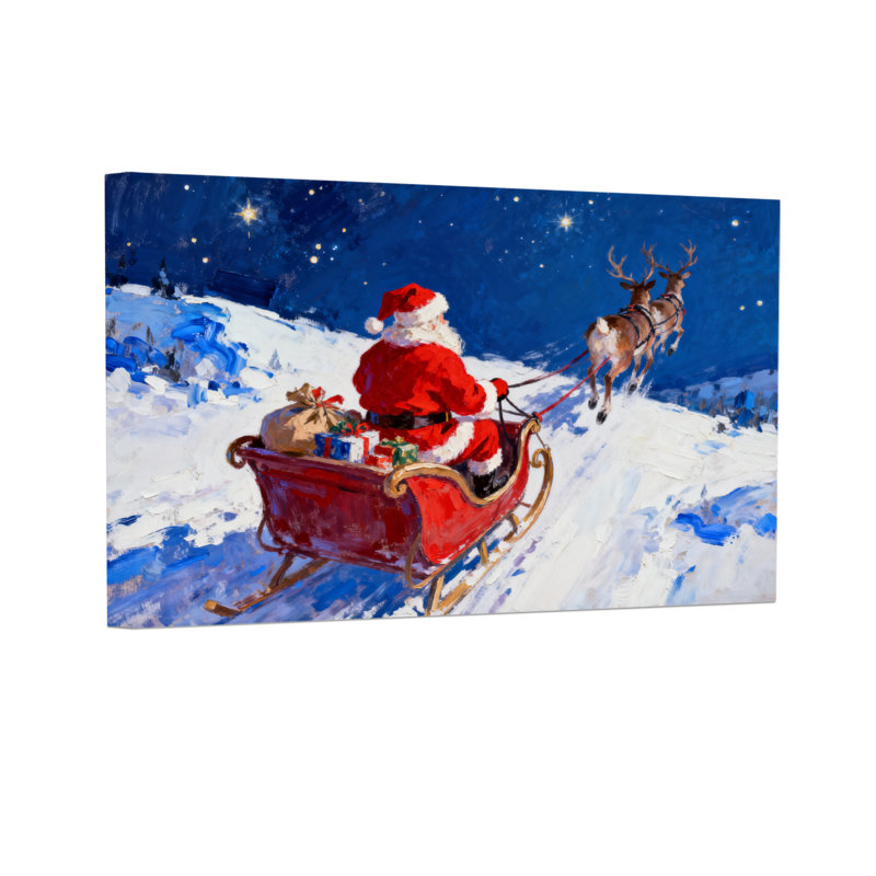 Noël, père Noël, traîneau, renne, nuit enneigée, ciel étoilé, H 20 po x l 30 po