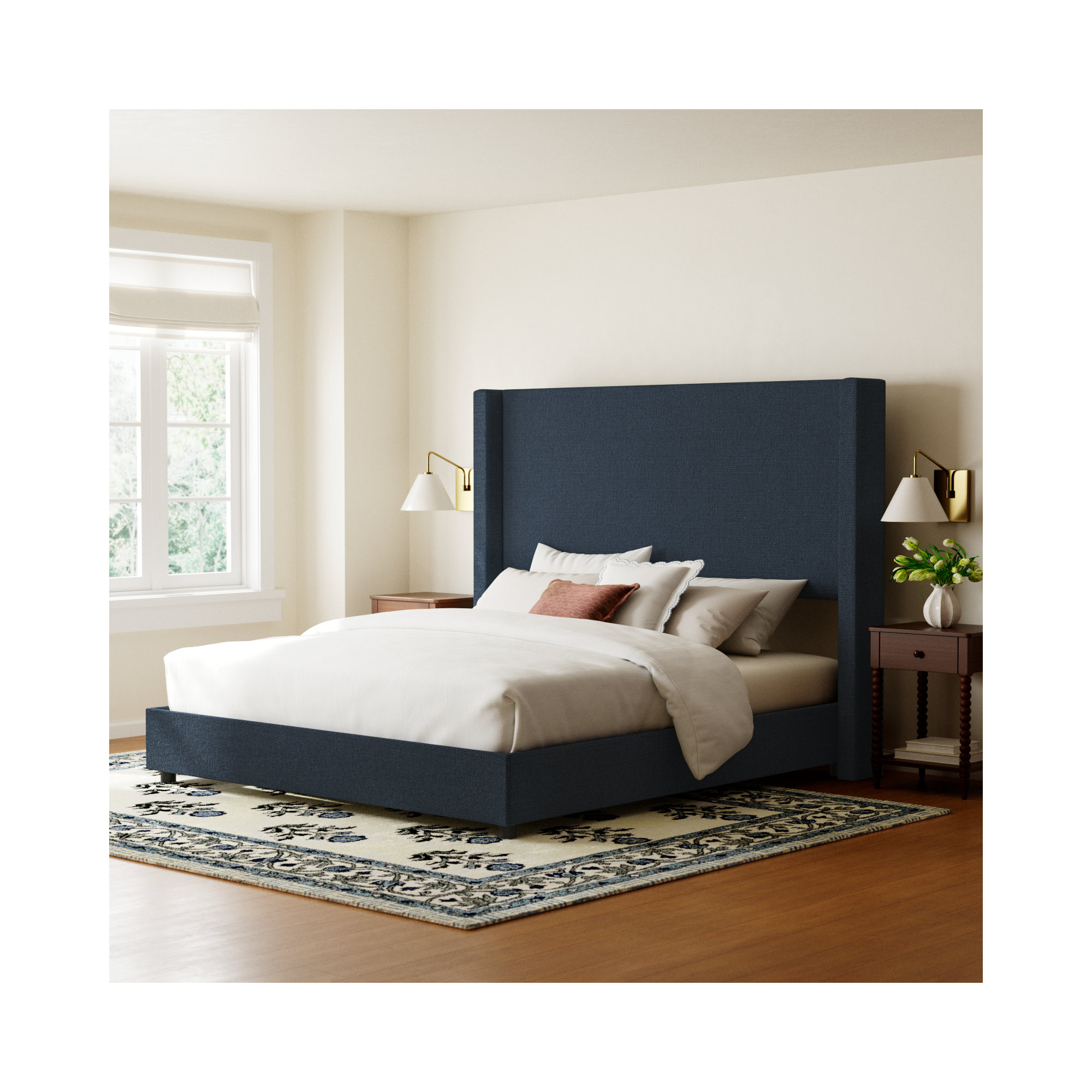 Hanson Upholstered Wingback Bed, Classic Navy Linen, California King