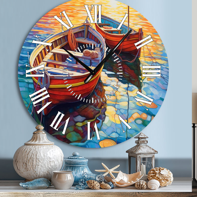 Deux bateaux dans le port I - horloge murale blanche, Grand
