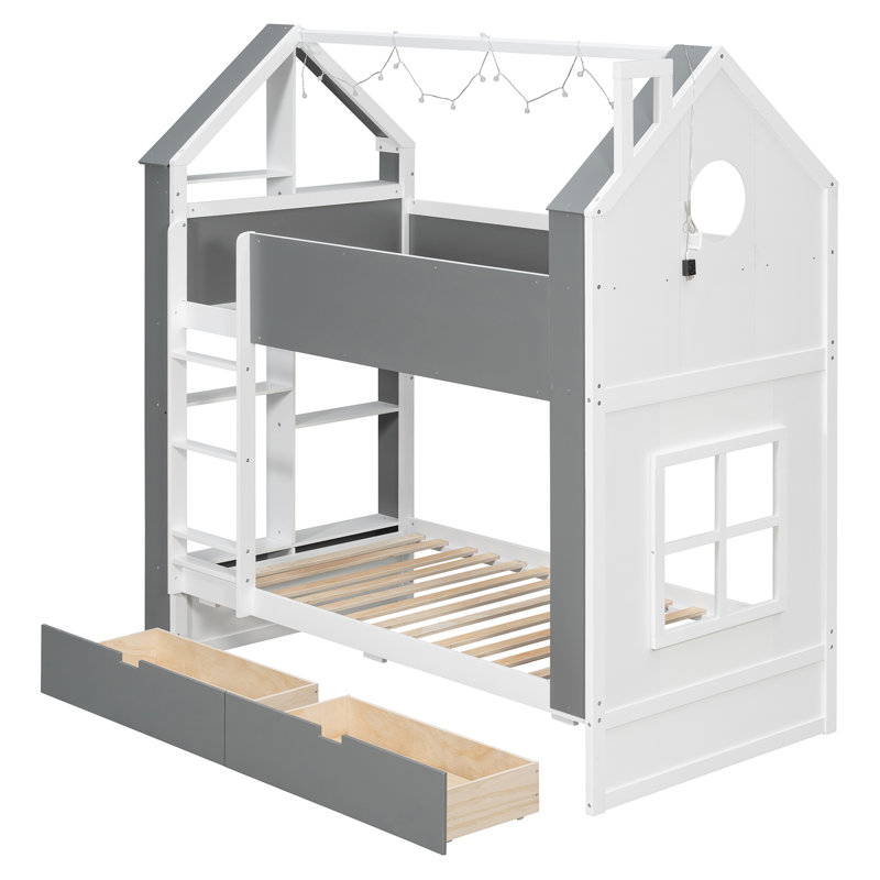 Lit superposé en bois avec tablettes, bande lumineuse à DEL, tiroirs et échelle Wood House, Twin, White Gray