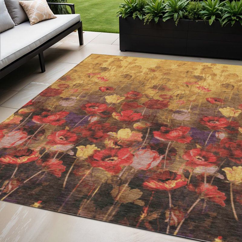 Tapis intérieur lavable floral doré 5 pi x 8 pi
