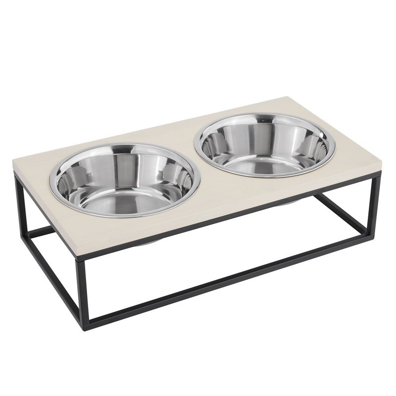Elevated Dual Stainless Steel Pet Bowls with Wood Frame