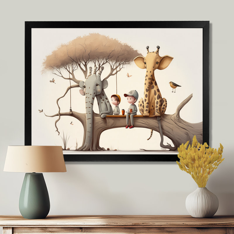 Girafe et éléphant avec enfants - décoration murale éléphant, H 24 po x l 32 po, Cadre photo unique, Noir