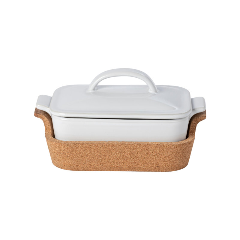 White Stoneware Rectangular Casserole with Cork Tray