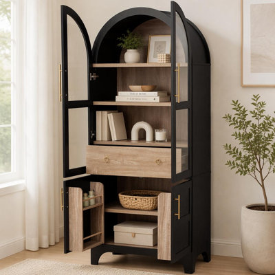 Arched Farmhouse Pantry Cabinet with Glass Doors and Hidden Drawer