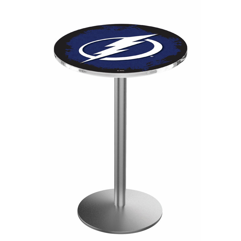 NHL Round Metal Base Dining Table, Stainless Steel, Tampa Bay Lightning