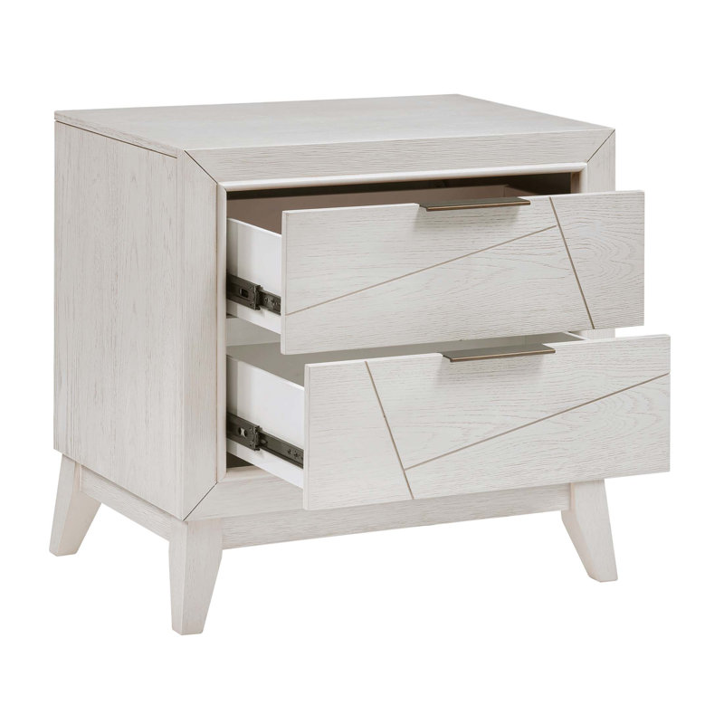 Table de chevet moderne au fini blanc antique avec 2 tiroirs en queue d'aronde spacieux, parfait pour un rangement élégant dans la chambre à coucher.
