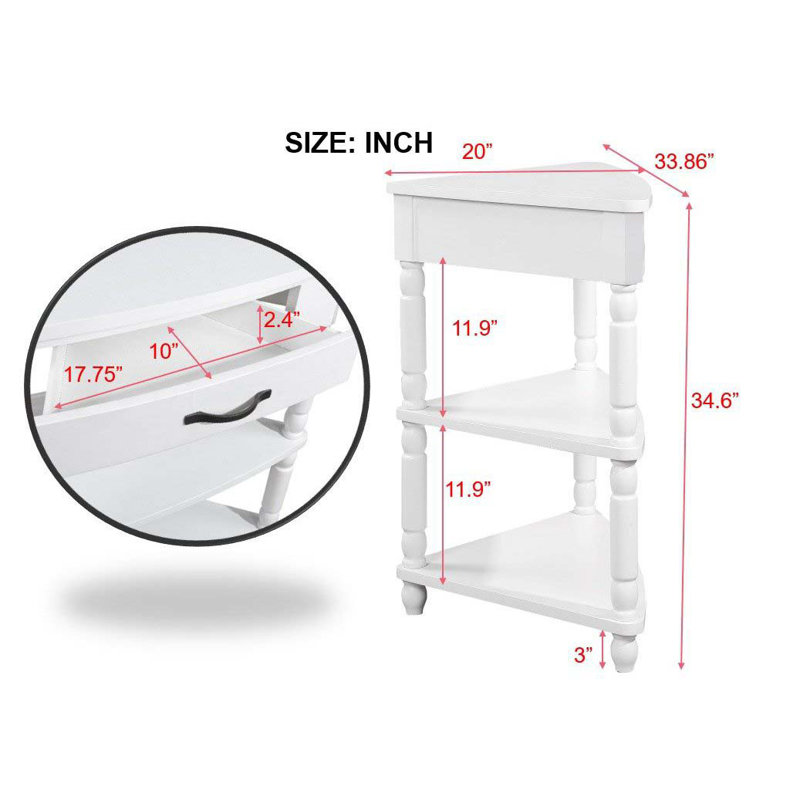 Petite table d'angle 33,8 po, petite table d'angle en bois avec pieds en bois massif, Blanc laiteux