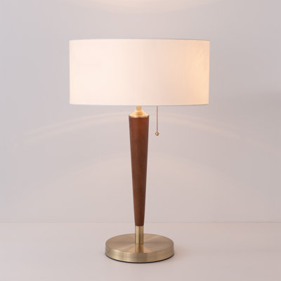 Lampe de table Pasadena, abat-jour à tambour en lin blanc, noyer foncé, laiton vieilli