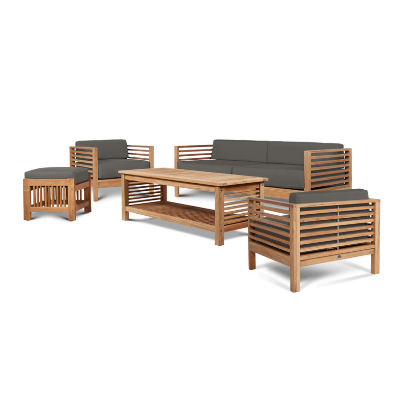 Summer 4 Piece Rattan Sunbrella Sofa Set with Cushions, Brown, Navy