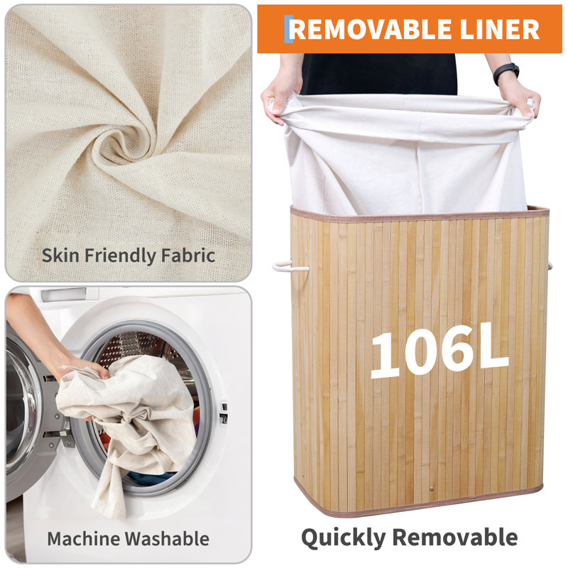 Folding Bamboo Laundry Hamper with Lid, 27.5 Gallon Wooden Laundry Basket with Washable Liner Bag, Slim Clothes Storage Hamper for Small Bedrooms Apartments Dorms