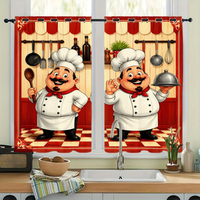 2Pcs Whimsical Chef Pattern Kitchen Style Grommet Blackout Curtains, Playful Cooking Chef Illustration Design, Sun Blocking, Room Darkening, Noise Reducing, Privacy Protection, for Living Room Home Decor