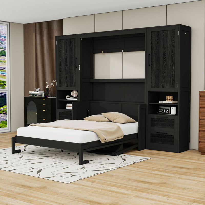 Grand lit escamotable en bois avec tiroirs, tablettes et garde-robe