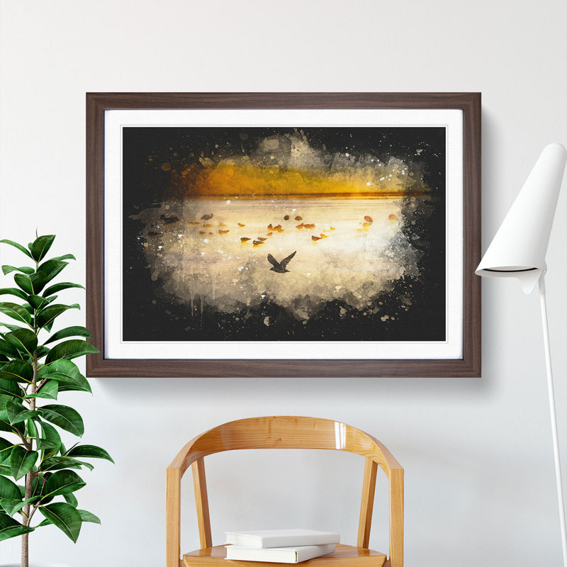Birds On The Beach - Single Picture Frame Print on MDF, Walnut Framed, 24cm H x 33cm W x 2cm D