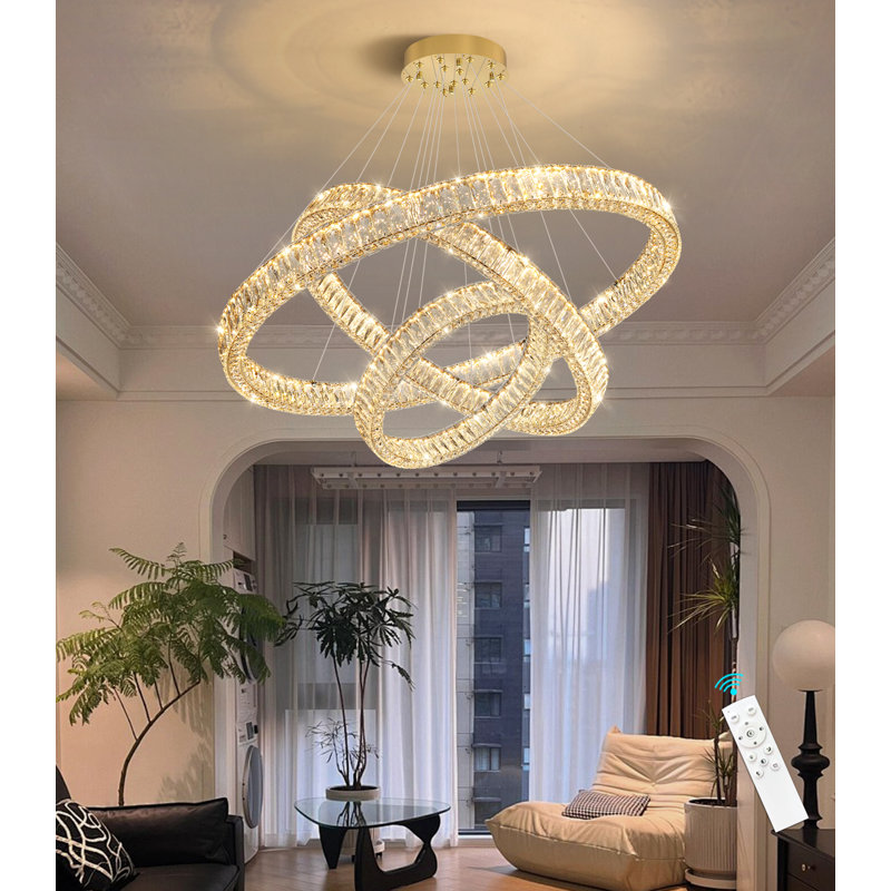 Grand lustre à intensité variable avec anneaux en cristal, Doré, 78" H x 39.4" W x 39.4" D