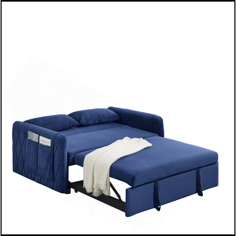 Canapé-lit moderne convertible de 55 po avec 2 poches pour accoudoirs amovibles, canapé-lit en velours avec lit escamotable, 2 coussins et dossier réglable pour le salon, accoudoirs à motif quadrillé