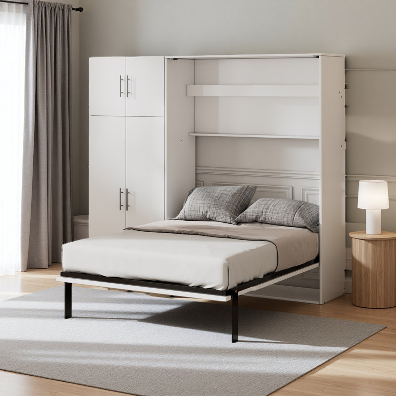 Lit escamotable avec casiers et armoires escamotables, blanc, Double