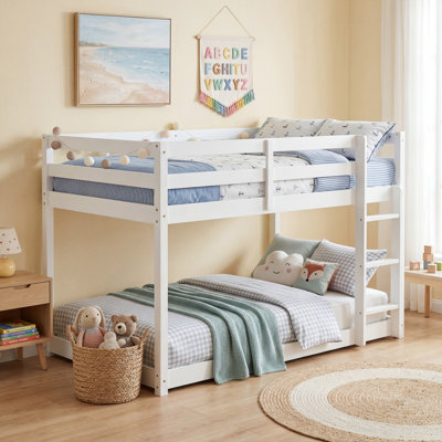Solid Rubber Wood Bunk Bed With Ladder, Space-Saving Twin Over Twin Loft Bed Frame With Guardrails, Sturdy Wooden Bed For Bedroom, Dorm, Small Spaces, No Box Spring Needed