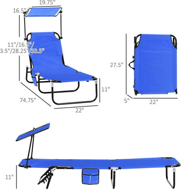 Chaises de patio Yard Beach - Pliable, bleu avec fonction d'inclinaison et parasol pliable à poche latérale pour pelouse